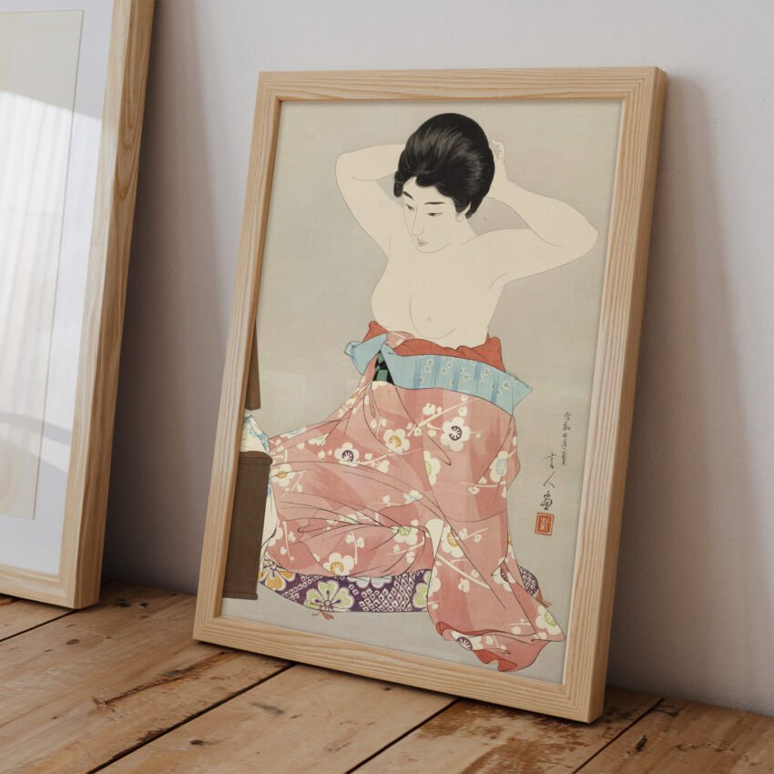 Woman Kneeling Before a Mirror Stand by Torii Kotondo - Image 3