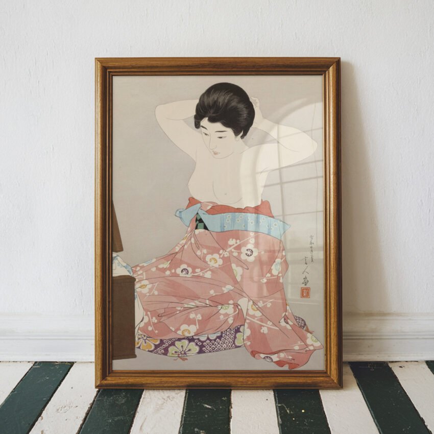 Woman Kneeling Before a Mirror Stand by Torii Kotondo - Image 4