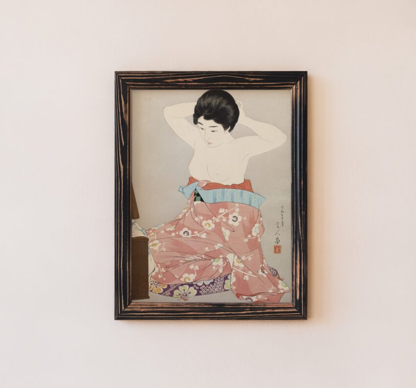 Woman Kneeling Before a Mirror Stand by Torii Kotondo - Image 5