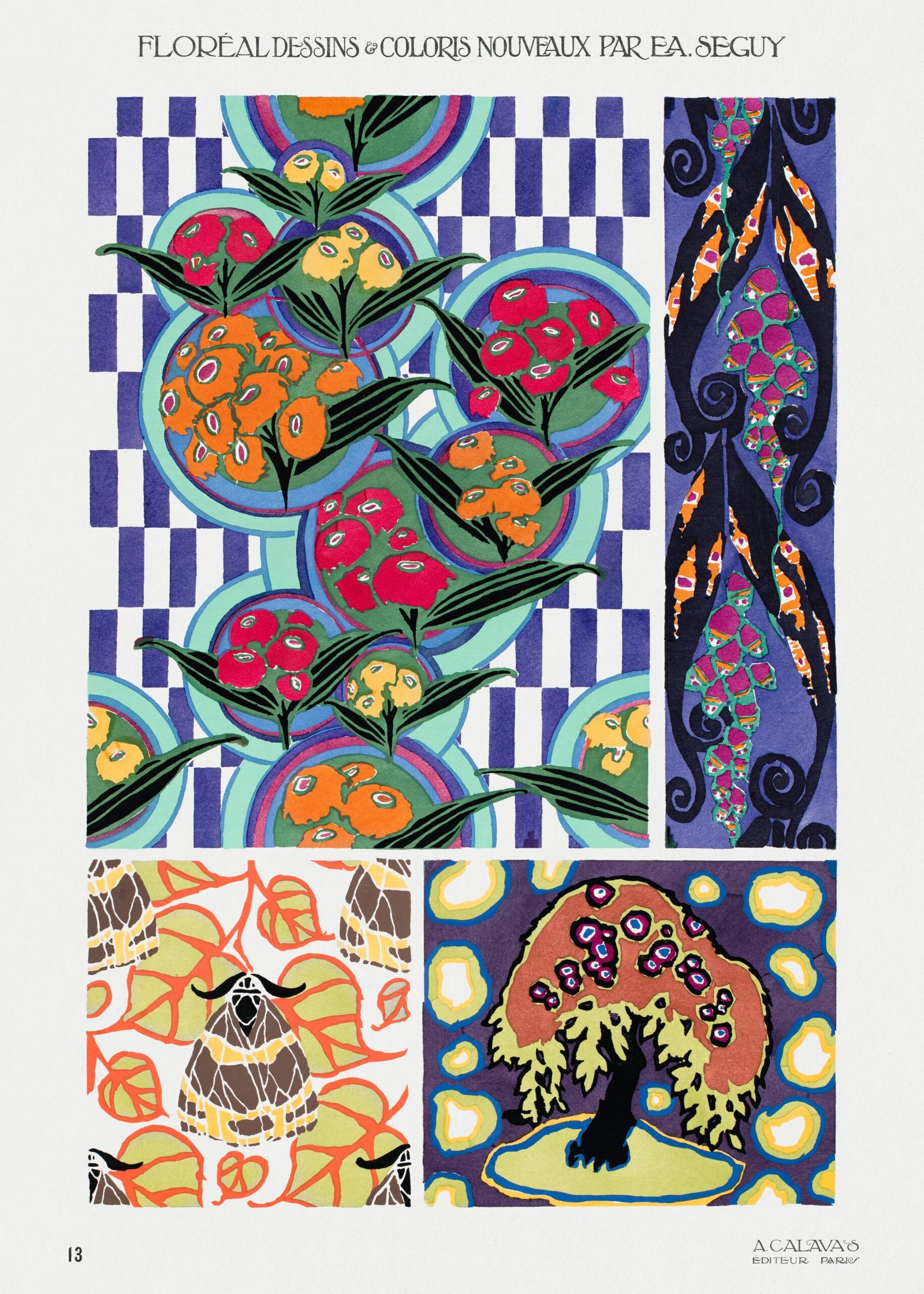 Floral colorful background, vintage art deco & art nouveau background, plate no. 13. Digitally enhanced from our own original edition of Floreal: dessins and coloris nouveaux, Emile-Alain Seguy (1925).