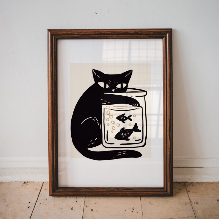 Curious Cat with Fish Bowl – Black Cat Wall Art - Image 3