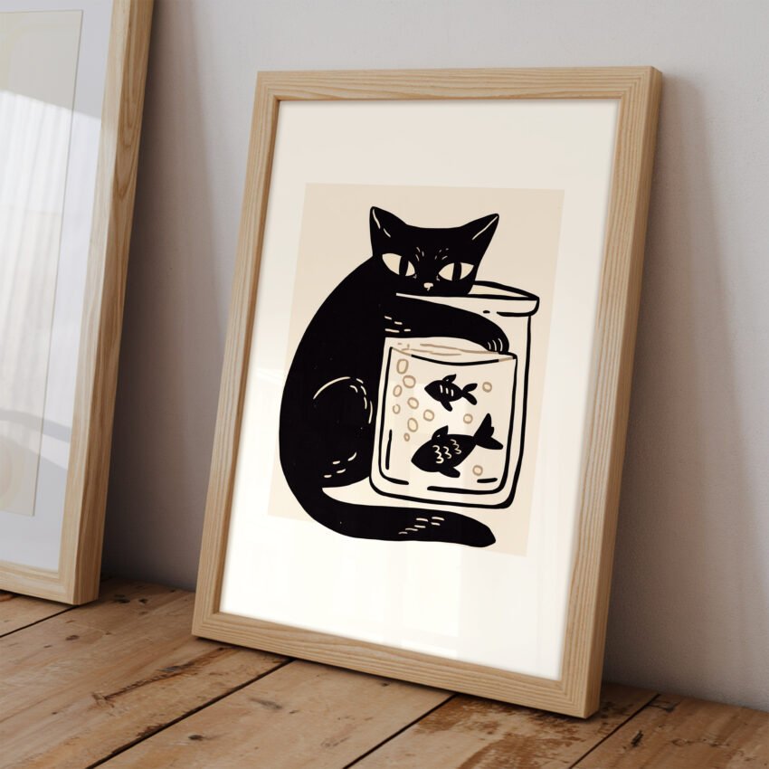 Curious Cat with Fish Bowl – Black Cat Wall Art - Image 2