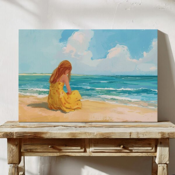 Girl in Yellow Dress Sitting by the Ocean