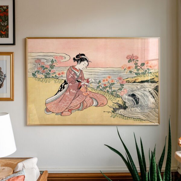 Japanese Woman Picking Chrysanthemums by Suzuki Harunobu