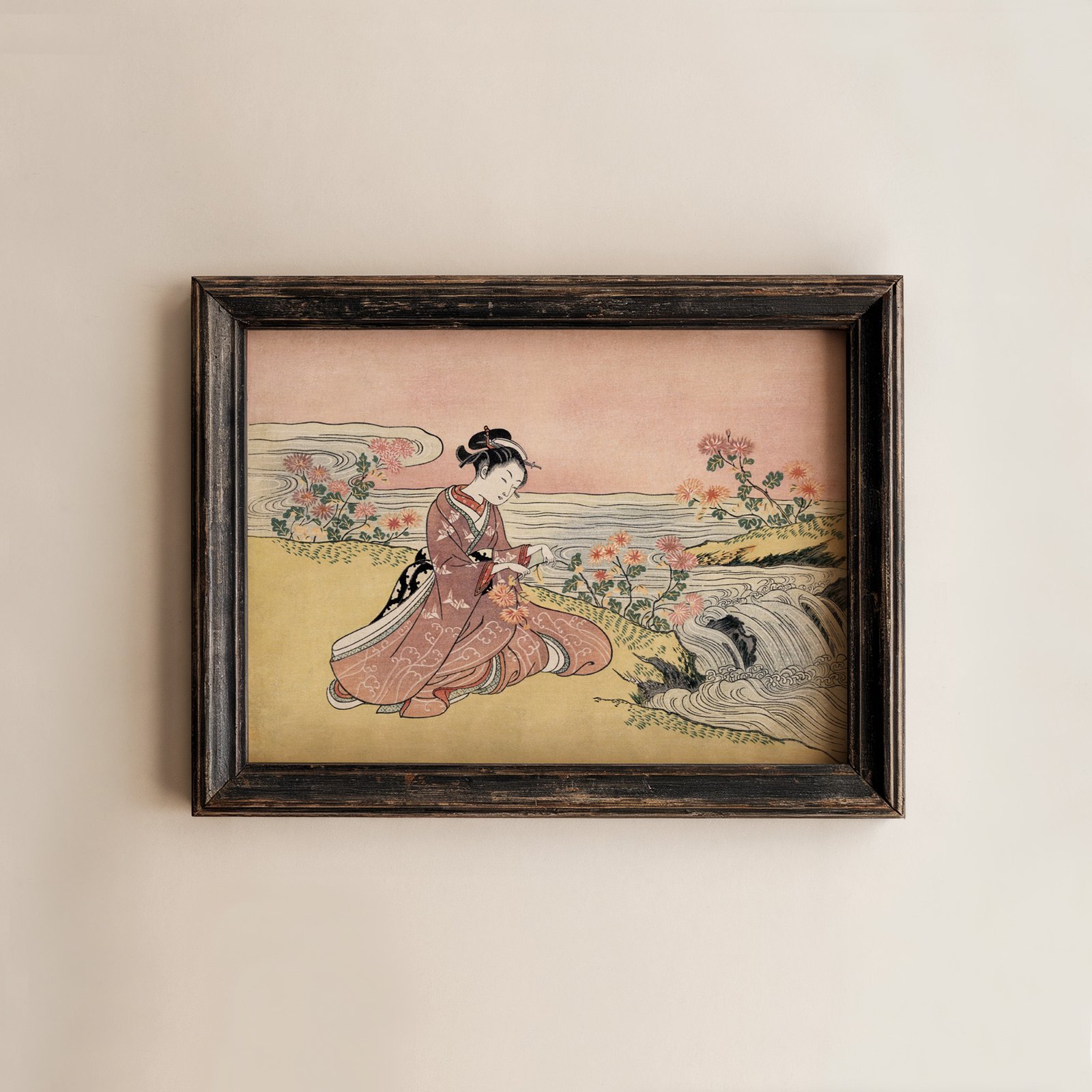 Japanese Woman Picking Chrysanthemums by Suzuki Harunobu - Image 3