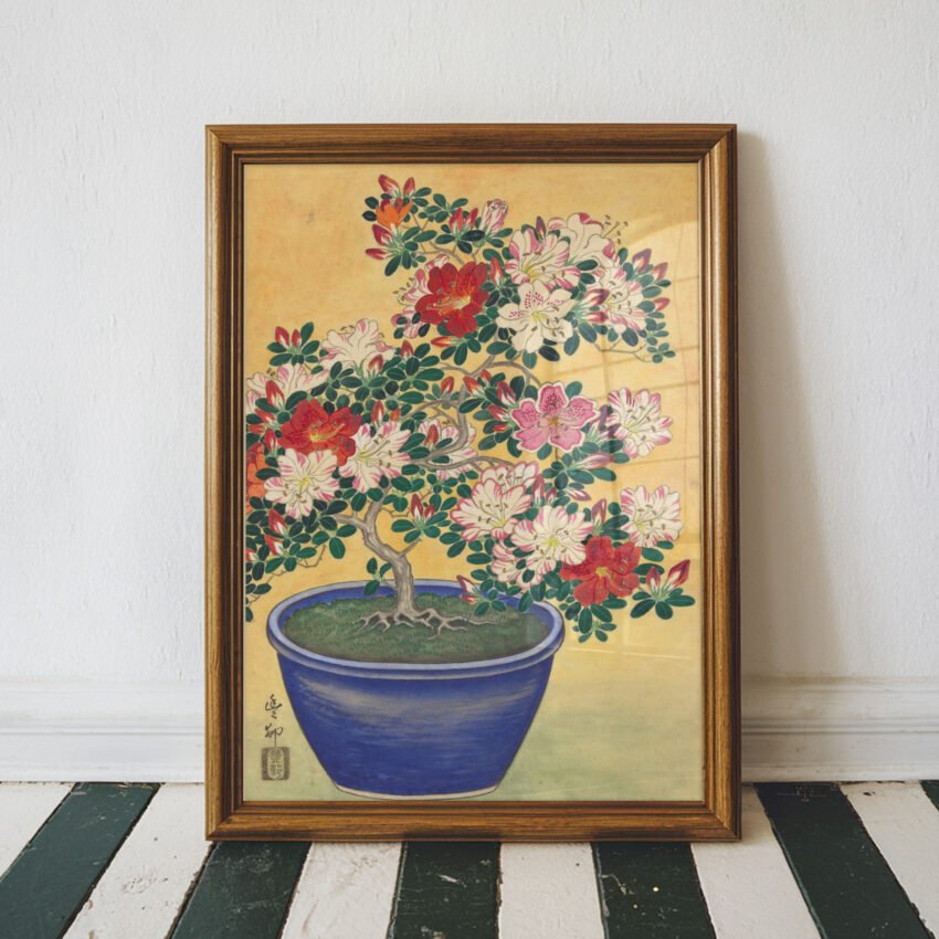 Flowering Azalea in Blue Pot by Ohara Koson - Image 3